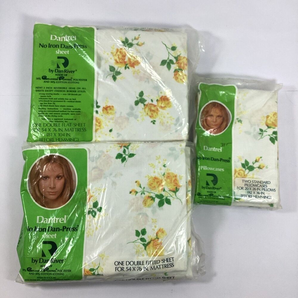 Vtg Dantrel Dan River Double Sheet Set Floral Flat Fitted 2 Cases New Old Stock